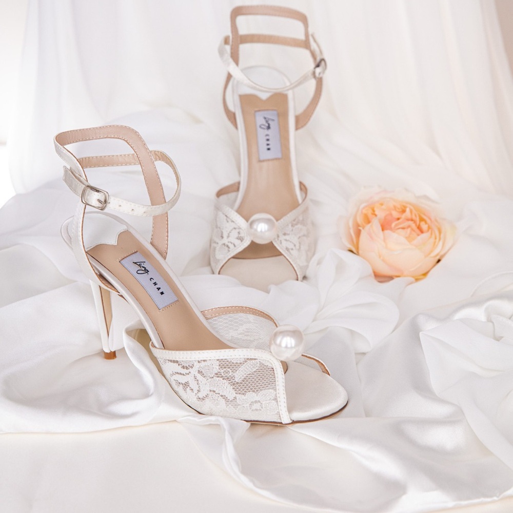 Lace I Off white Lace Wedding heels I Pearl stilettos I Open-toe